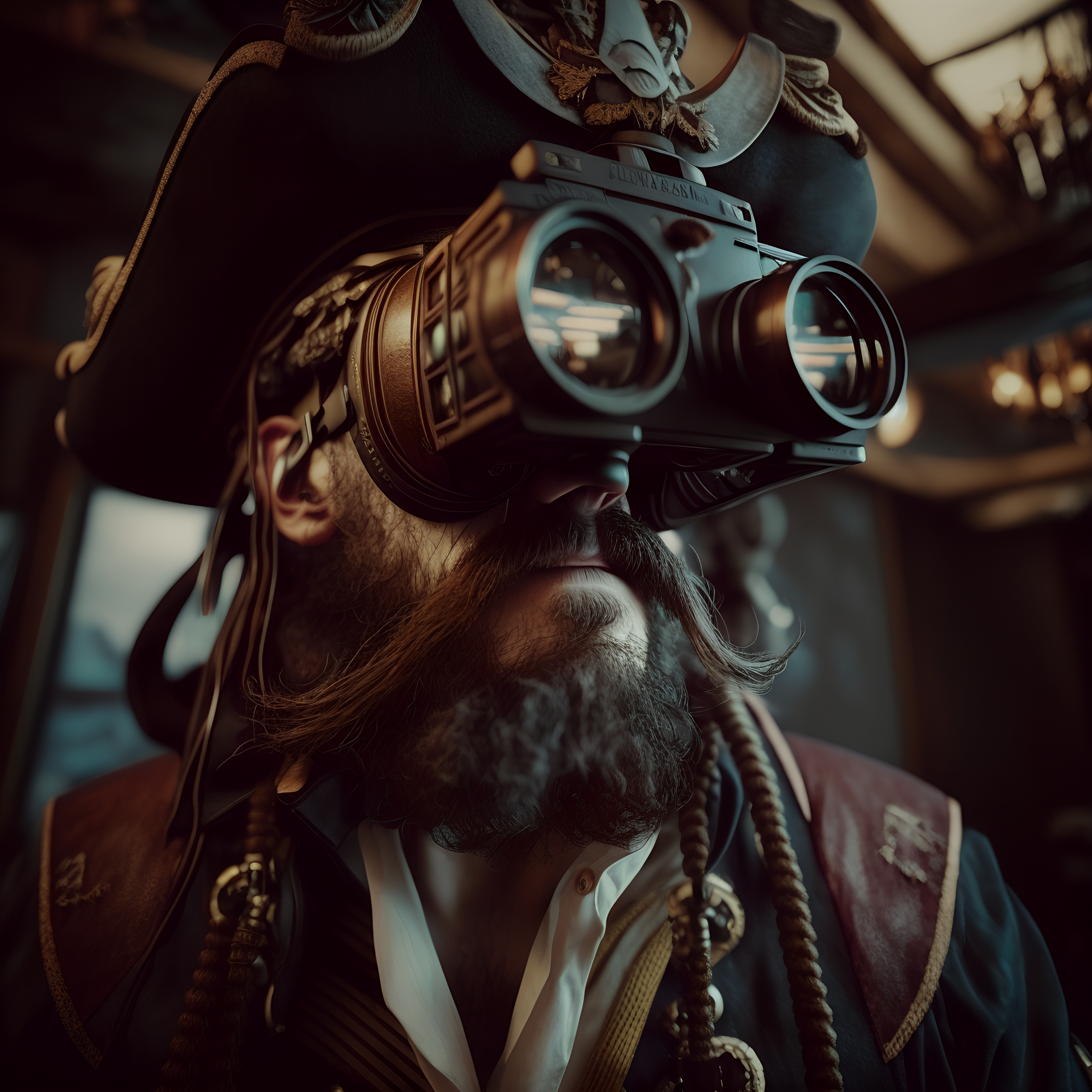 Capitaine coiffé d'un bicorne portant des jumelles de réalité augmentée